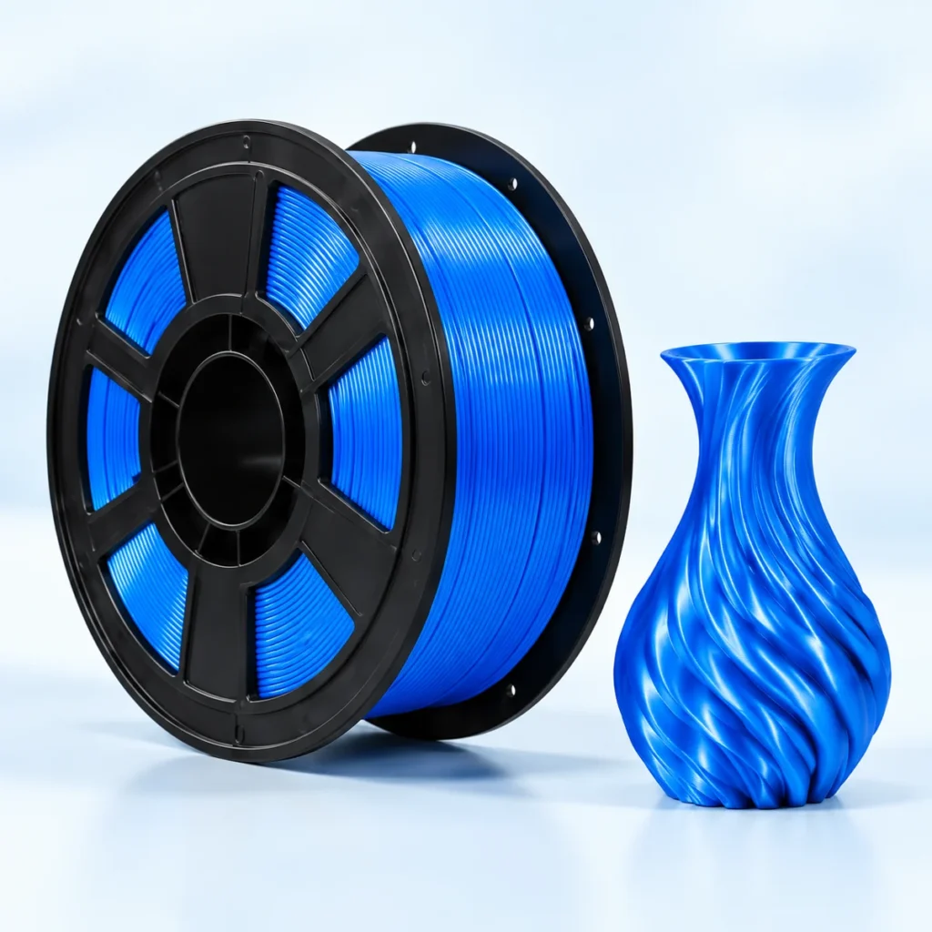 Basic PLA filament spool and example print, studio illustration