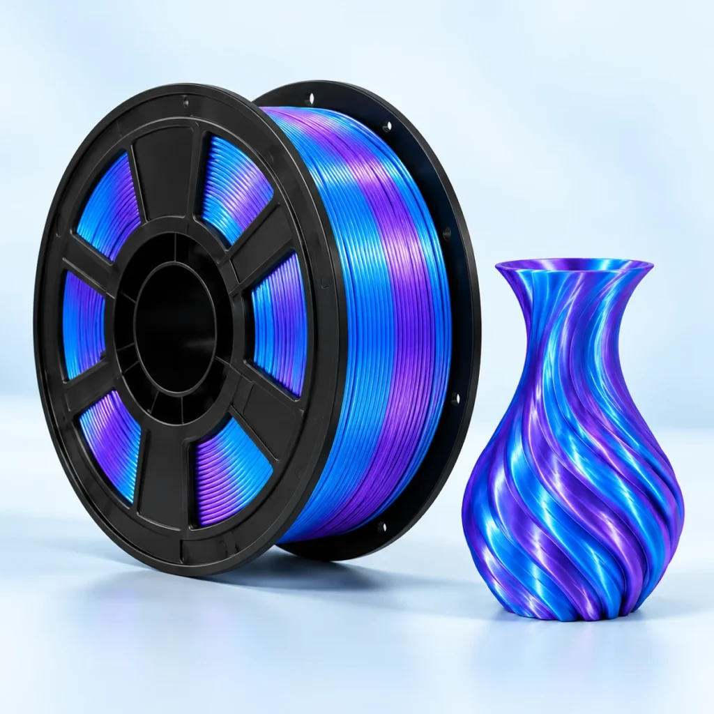 Dual-color Silk PLA filament spool and example print, studio illustration